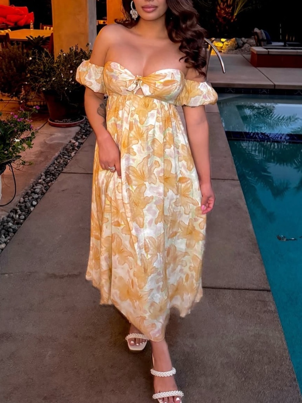 ASTR The Label Floral Off Shoulder Midi Dress Orange Yellow Size M Romantic🌼 - Picture 7 of 13